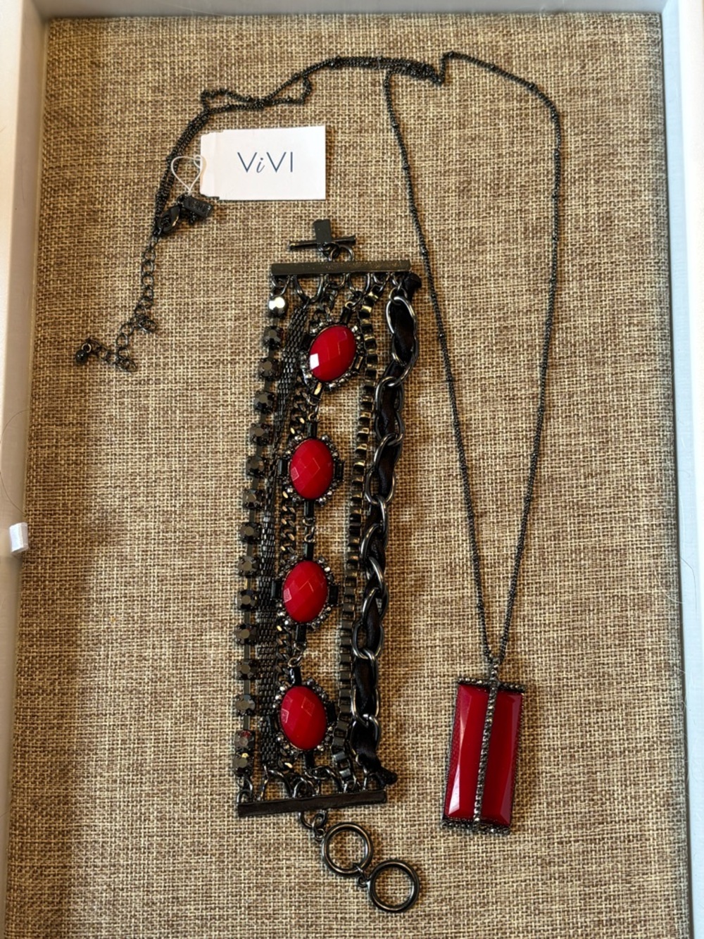 Gunmetal & Vibrant Red Vintage “Statement” Necklace & Chunky Bracelet JewelrySet